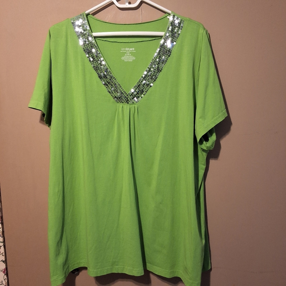 Lane Bryant Green Sequin V-Neck Tee - Size 26/28